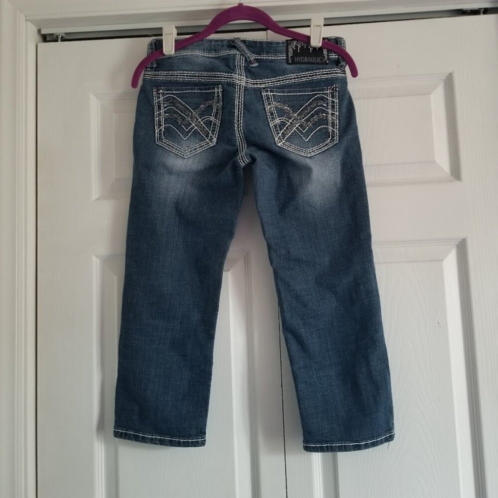 Hydraulic Women's Jeans 3-4 Blue Silver Capri Bling Y2K Rhinestones Embroidered